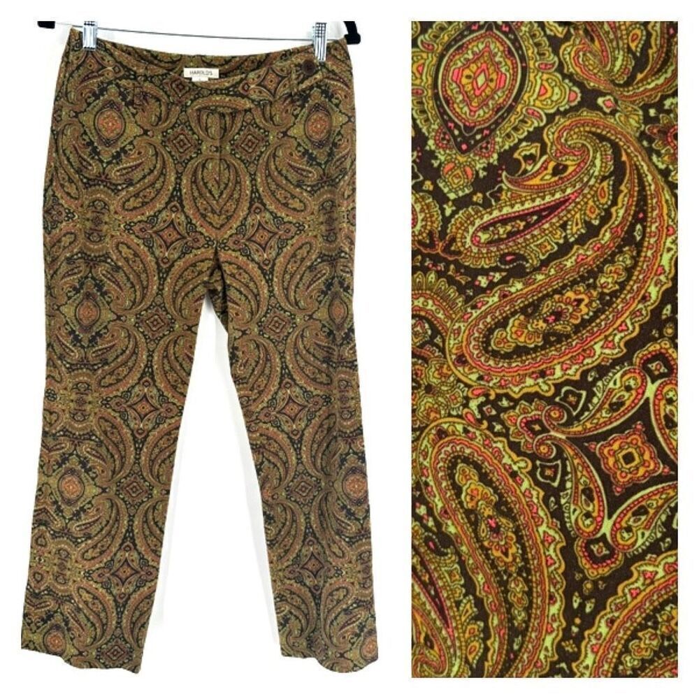Harold’s Women's Paisley Flat Front Mid-Rise Cropped Pants Brown Tan Size 4